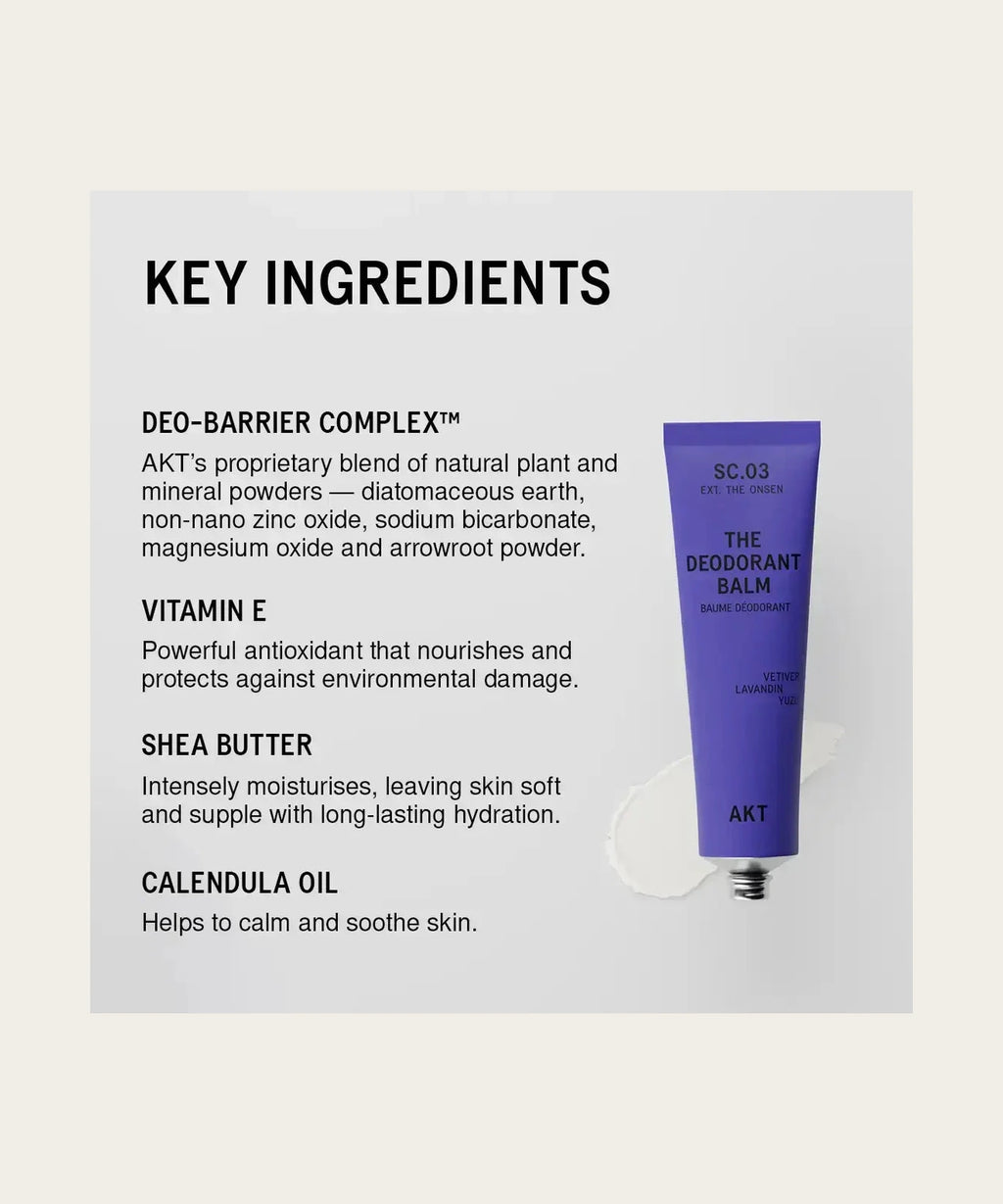AKT SC.03 key ingredients: Deo-Barrier Complex, vitamin E, shea butter, calendula