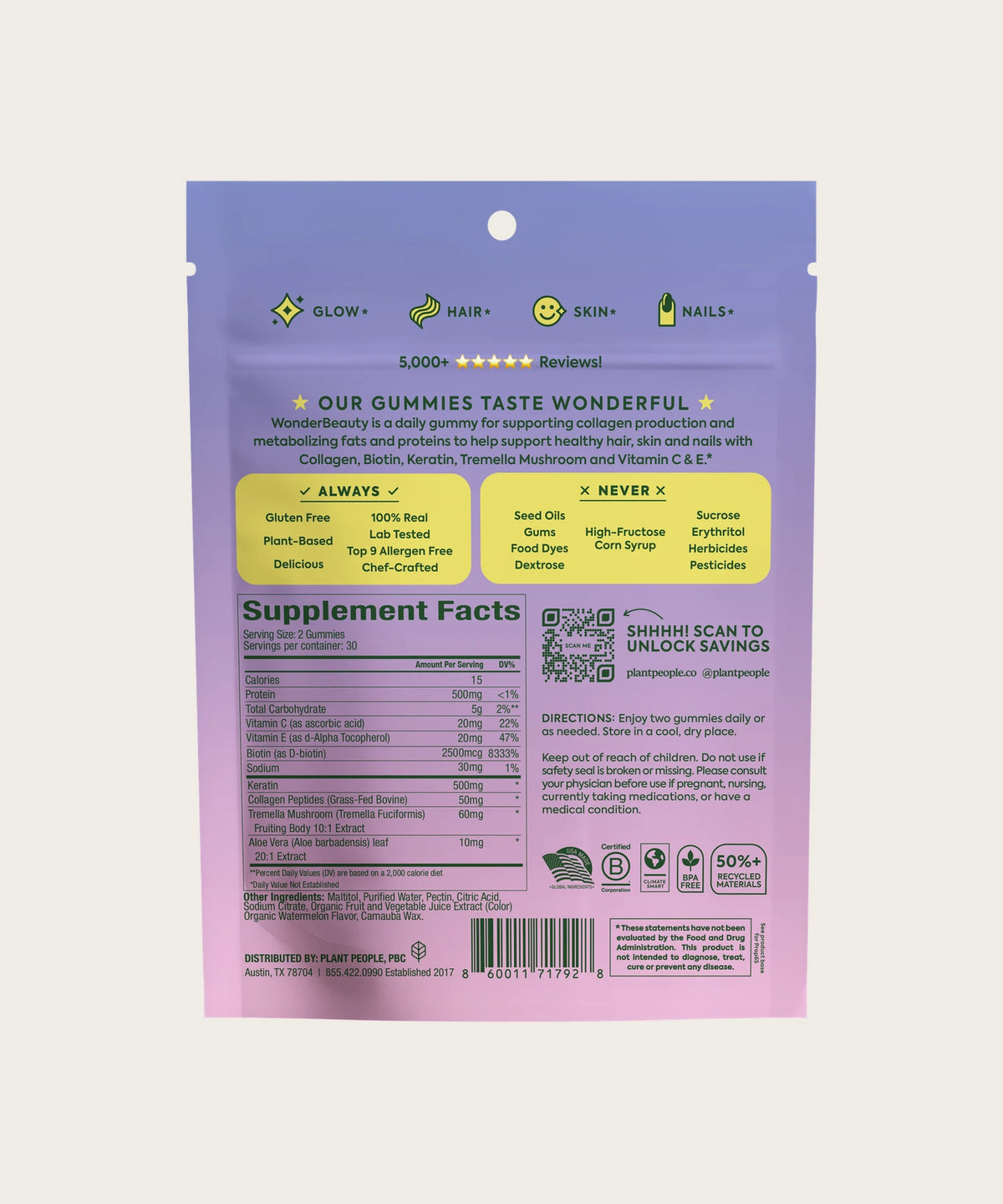 PLANT PEOPLE WonderBeauty Hair, Skin & Nails Beauty Gummies