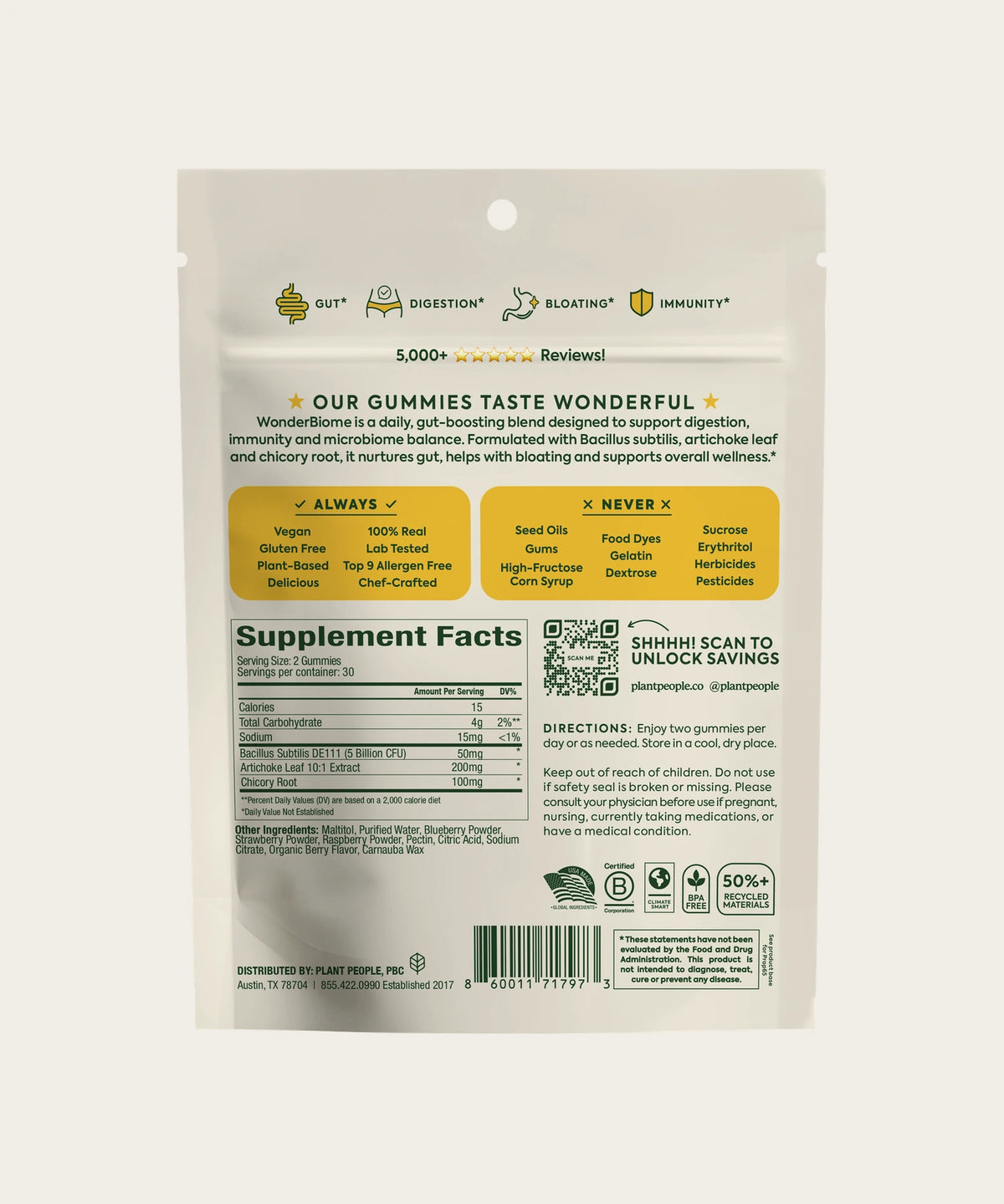 PLANT PEOPLE WonderBiome pouch back with supplement facts