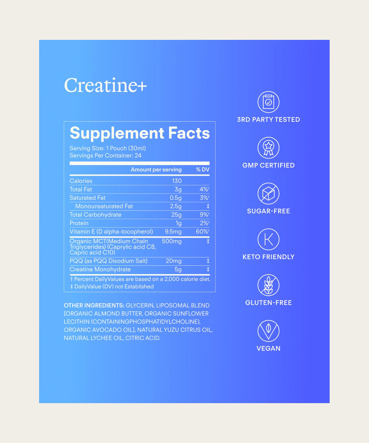 SUNNY WITHIN Creatine+ supplement facts and certifications