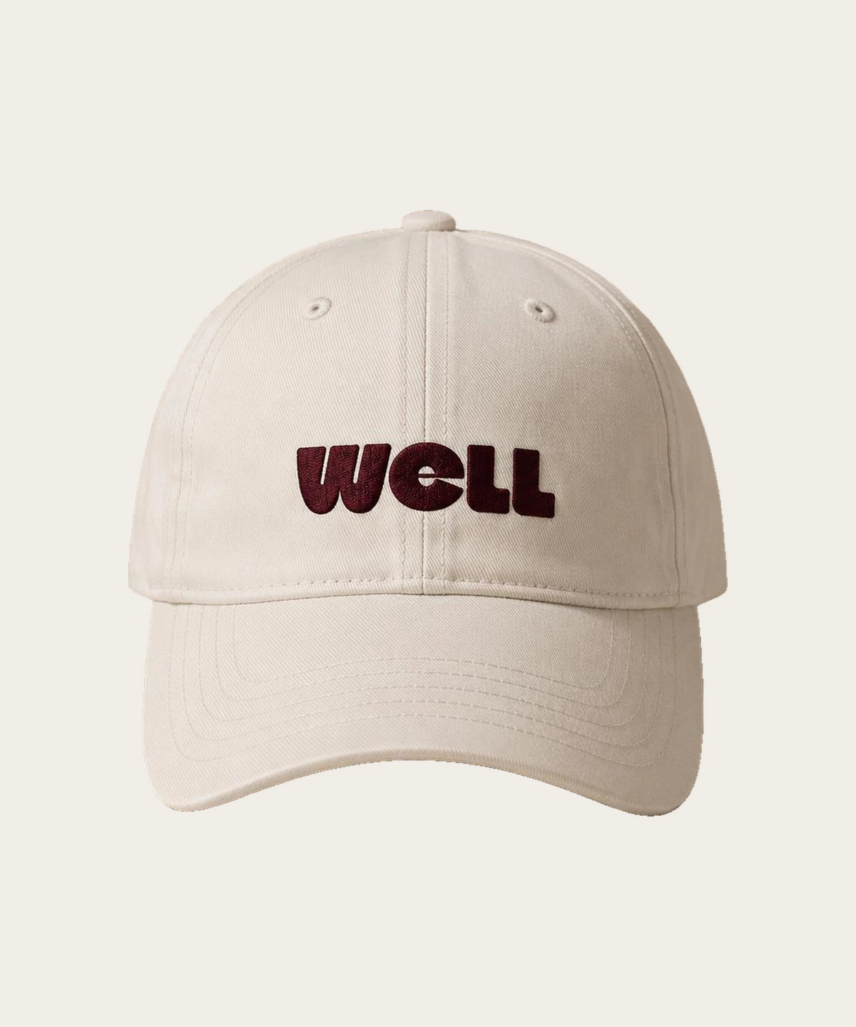 WELL The Cap, off-white cotton twill with bordeaux embroidered wordmark